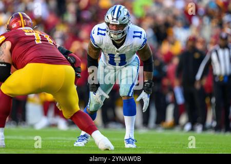 Landover, MD, USA. November 2024. Der Linebacker Micah Parsons (11) der Dallas Cowboys ist während des NFL-Spiels zwischen den Dallas Cowboys und den Washington Commanders in Landover, MD Reggie Hildred/CSM/Alamy Live News, in Position Stockfoto