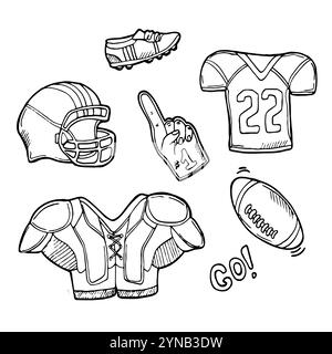 Doodle Vector Fußball und Rugby-Ausrüstung. American Football Icons Sketch Isoliert Stock Vektor