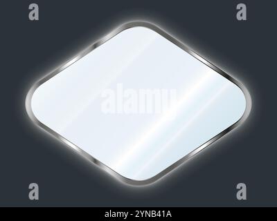 Realistischer, diamantförmiger Spiegel mit abgerundeten Kanten in einem silbernen Rahmen mit LED-Beleuchtung. Reflektierende Glasplatte. Vektor Stock Vektor