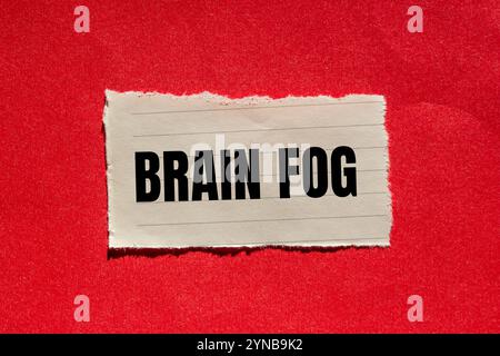 Hirnnebel-Nachricht auf zerrissenem Papierstück mit rotem Hintergrund. Konzeptionelles Hirnnebelsymbol. Kopierbereich. Stockfoto