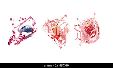 Beeren fallen in Saft Spritzen Mockup Set, Tiefenschärfe, 3D-Rendering. Leere, saftige Welle mit Himbeeren, Heidelbeeren, Erdbeeren, isoliert. Clea Stockfoto