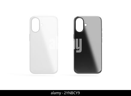 Leeres Modell der Hochglanz-Handyhülle in Schwarz-weiß, Vorderansicht, 3D-Rendering. Leeres, ultraflaches Schutzgehäuse für Smartphone-Modelle, isoliert. Löschen Sie n Stockfoto