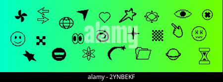 Schwarzer Retro-Pixelsatz mit Cursorn, Herzen und abstrakten Symbolen Stock Vektor