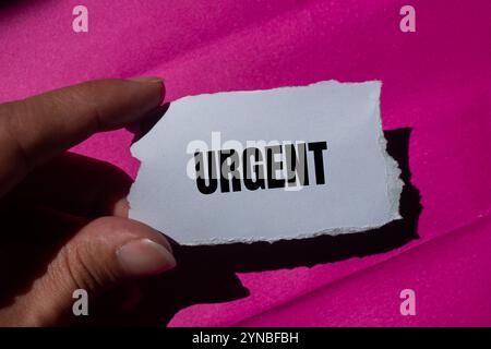Dringende Nachricht auf zerrissenem Papierstück mit rosa Hintergrund. Konzeptionelles dringendes Wortsymbol. Kopierbereich. Stockfoto