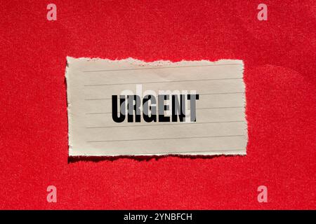 Dringende Nachricht auf gerissenem Papierstück mit rotem Hintergrund. Konzeptionelles dringendes Wortsymbol. Kopierbereich. Stockfoto