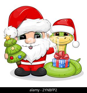 Niedlicher Weihnachtsmann mit Schlange und Weihnachtsbaum. Vektorillustration für Feiertage auf weißem Hintergrund. Stock Vektor
