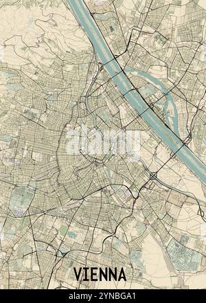 Eine detaillierte Karte von Wien, Österreich, mit beigefarbenem Hintergrund mit schwarzen Linien, die Straßen und Straßen darstellen. Stock Vektor