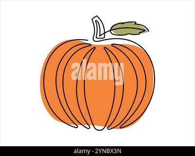 Kürbis im durchgehenden einzeiligen Zeichenstil mit grünen Blättern, isoliert auf weißem Hintergrund. Konzept des Herbstes, Erntezeit, Halloween Dekor, Th Stock Vektor