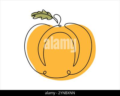 Gelber Kürbis im durchgehenden einzeiligen Zeichenstil mit grünen Blättern, isoliert auf weißem Hintergrund. Konzept von Herbst, Erntezeit, Halloween de Stock Vektor