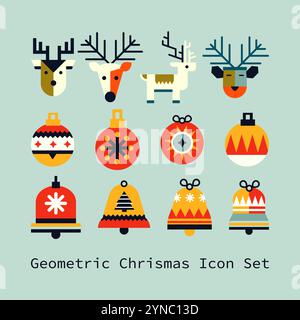 Weihnachten geometrische Hirsche, Ball Dekoration, Glocke Dekoration Set Vektor Sammlung flach Stil Stock Vektor