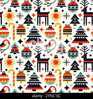 Weihnachtsvektor Vogel, Süßigkeiten, Weihnachtsbaum Spielzeug, Weihnachtsbaum, Hirsch nahtlose Muster geometrische Dekorationen niedlichen Urlaub Stock Vektor