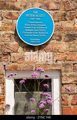 Großbritannien, England, Gloucestershire, Vale of Berkeley, Slimbridge, Wildflower and Wetlands Trust, Gründer Sir Peter Scott, blaue Denkmalplatte Stockfoto