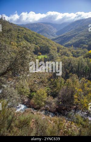 Der Fluss Jerte schlängelt sich durch das Tal. Naturschutzgebiet Garganta de los Infiernos, Extremadura, Spanien Stockfoto