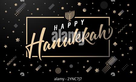 Goldenes, luxuriöses Kalligrafie-Logo von Happy Hanukkah mit Elementen im memphis-Stil. Konzept für Hanukkah mit traditionellen Artikeln für Banner, Flyer, Magazin Stock Vektor
