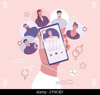 Digitale Dating-App auf dem Smartphone. Bisexuelle Frau Wählen Sie Mann oder Mädchen für eine romantische Beziehung. Online-Liebe und -Kommunikation, Fernfreundschaft Stock Vektor