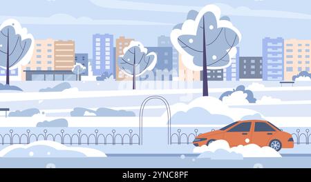 Stadtpark im Schnee. Winterzeit, Nordstadt oder Dorf. Schneebedeckte Stadtlandschaft mit Autogebäuden, Bänken und Bäumen. Jahreszeitliche flache Vektordarstellung Stock Vektor