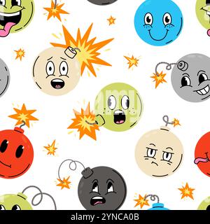 Cartoon Crazy Bombs nahtloses Muster. Süße emotionale Bombe mit Feuerspritzern. Lustiger abstrakter Druck für Verpackung Stofftapete, Vektorhintergrund Stock Vektor