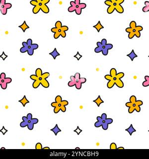 Niedliches Babymuster Blumen Sterne kritzelnd buntes einfaches nahtloses Vektor-Muster Stock Vektor