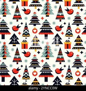 Weihnachtsvektor nahtloser Vogel, Spielzeug, Weihnachtsbaummuster geometrische Dekorationen netter Feiertag Stock Vektor