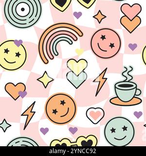 Vektor nahtlose Muster Retro Smiley Lächeln Gesicht Regenbogen Tee Tasse Herz Stern Aufkleber niedliche naive Preppy Stil Stock Vektor