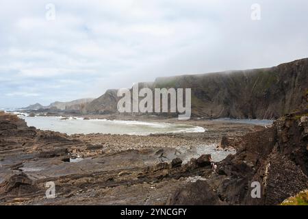 Nebel, der aus dem Meer am Warren Beach in der Nähe des Hartland Quay, North Devon Coast, Großbritannien, auftaucht Stockfoto