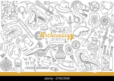 Archäologische Werkzeuge für wissenschaftliche Ausgrabungen bei Suchartefakten oder Dinosaurierknochen. Archäologischer Hintergrund mit Ausstattungsexpeditionsteilnehmern, die historische Zivilisationen studieren. Handgezeichnet Stock Vektor