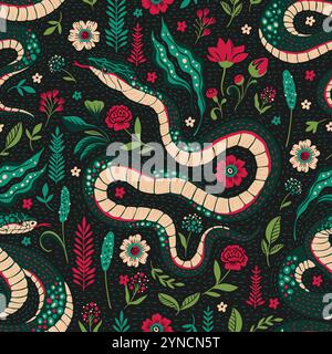 Nahtlose Muster mystische Zauberwald Schlange Art Deco botanische Blumen hinterlässt Kunst Stock Vektor