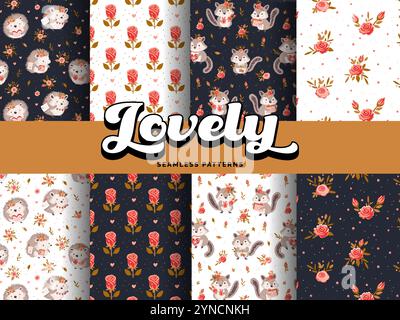 Niedlich schöne Kinder Baby Muster Igel Waschbär Biber Blumen Rosen Herzen Geschenke Liebe Valentinstag Geburtstag Kinderzimmer Kunst Stock Vektor