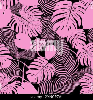 Exotischer Blattvektor Hintergrund. Nahtloses tropisches Regenwaldmuster. Vektor-Dschungelmodedruck in Pink und Schwarz. Stock Vektor