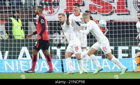 Leverkusen, Deutschland. November 2024. firo: 23.11.2024, Fußball, 1.Bundesliga, 1.Liga, Saison 2024/2025, Bayer Leverkusen - FC Heidenheim 1846 Niklas Dorsch feiert nach seinem Ziel 0-1 Credit: dpa/Alamy Live News Stockfoto