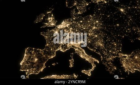 Blick auf die Erde aus dem Weltraum, Blick auf Europa, Stadtlichter aus der Umlaufbahn Stockfoto