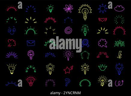Winzige Doodle-Sonnenstrahlen, Glühbirnen und Ausdruckssymbole im Manga-Stil. Neonfarben Comic Feuerwerk, Überraschungszeichen, Ideenlogo, lebendiges Vektorset Stock Vektor