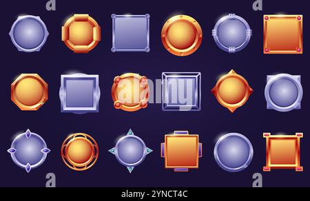 Tasten für Zeichentrickfilme des Spiels. Runder quadratischer Rahmen mit Stahleffekt, Metallglanz schirmt ui-Elemente ab. Abzeichen oder Medaillen Gold und Silber, mittelalterlicher Vektor heute Stock Vektor