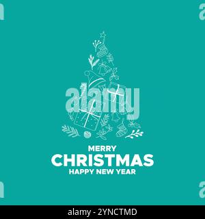 Frohe Weihnachten und ein glückliches neues Jahr. Frohe Weihnachten und Happy New Year Weihnachtsbäume und Schnee auf blauem Hintergrund, Grußkarten, Stock Vektor