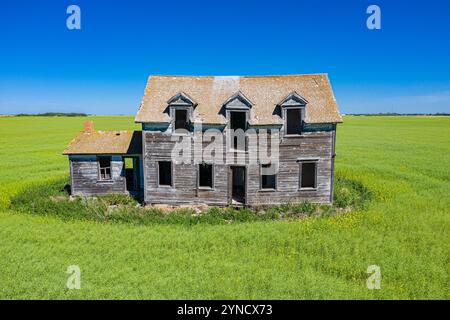 Ein großes, altes Haus liegt auf einem Grasfeld. Das Haus ist von einem grünen Feld umgeben und er wird verlassen Stockfoto