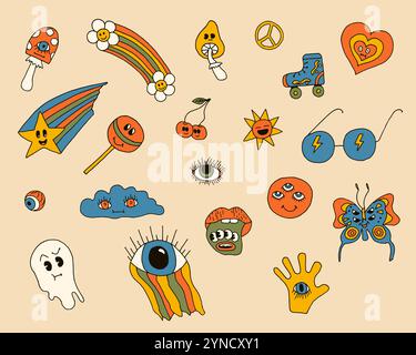 Set mit ästhetischen Elementen im Retro-Stil der 70er Jahre. Groovige Vektorkollektion. Stock Vektor