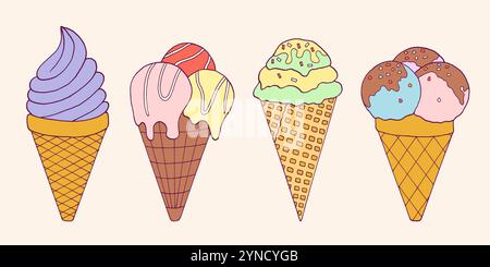 Doodle-Eiskollektion. Kindlicher handgezeichneter Stil mit süßen Süßigkeiten Stock Vektor