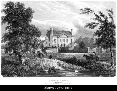 Gravur von Spring Grove The Seat of the Right Hr. Sir Joseph Banks, Middlesex, England, Großbritannien, mit hoher Auflösung aus einem 1815 erschienenen Buch gescannt. Stockfoto