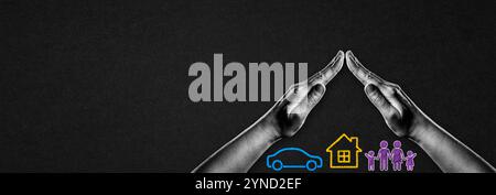 Hände in Schwarz und weiß in Geste des Schutzes Auto, Haus, Familie Symbol Zeichen auf schwarz strukturiertem Hintergrund Banner mit Kopierraum. Versicherungs-Concep Stockfoto