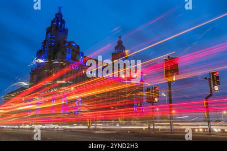 Lebhafte Verkehrswege vor dem Royal Liver Building an der Hafenpromenade von Liverpool am 24. November 2024 in der Dämmerung. Stockfoto