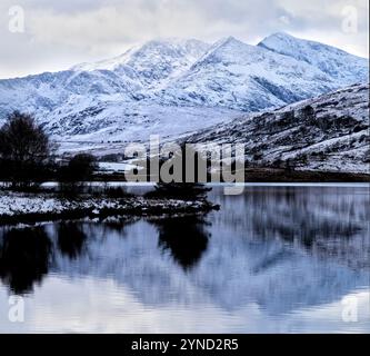 Gipfel des Mount Snowdon (Yr Wyddfa) über den Lake Llynnau Mymbyr, Snowdonia (Eryri), Wales, bedeckt mit Schnee an einem bewölkten Wintertag. Stockfoto