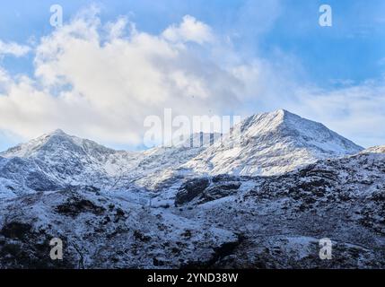 Gipfel des Mount Snowdon (Yr Wyddfa), Snowdonia (Eryri), Wales, bedeckt mit Schnee an einem bewölkten Wintertag mit etwas blauem Himmel. Stockfoto