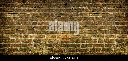 Panoramawand, dunkle Backsteinmauer in roten Tönen in einem Ruinenhaus. Konzepttexturen und Hintergründe Stockfoto