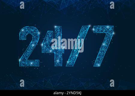 Abstraktes isoliertes blaues Bild des Schilds rund um die Uhr. Die polygonale, flache Drahtdarstellung sieht aus wie Sterne am schwarzen Nachthimmel Stock Vektor