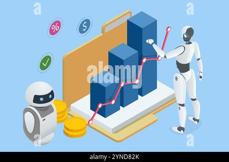 Isometrisch ein KI-gestützter Roboter verarbeitet Daten effizient für Geschäftsanalysen. Sie analysiert Trends, generiert Erkenntnisse und optimiert die Entscheidungsfindung Stock Vektor