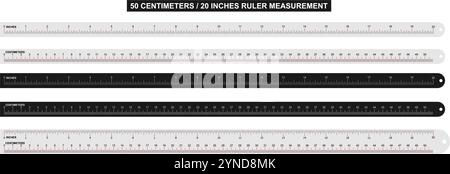 Lineale werden in Zoll Zentimeter Millimeter eingestellt. 50 Zentimeter und 20 Zoll Messlineal. Vektorillustration isoliert auf weißem Hintergrund. Stock Vektor