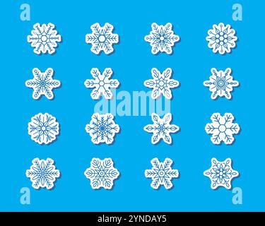 Set aus verschiedenen Schneeflocken, niedlichen Aufklebern Stock Vektor