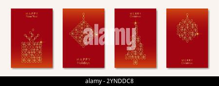 Weihnachtskarte im modernen minimalistischen geometrischen Stil, goldene Textur, goldener luxuriöser roter Hintergrund, Elemente für Kalender und Grußkarten Stock Vektor
