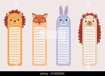 Lesezeichen für Tierkopf. Kind Lesezeichen mit Zeichentrickfilm nette Tiere Köpfe Löwe Fuchs Kaninchen Igel, Kinder Schule Buch Marke Papier Trennzeichen für separate Notizblock Seiten Vektor Illustration Original Artwork Stock Vektor