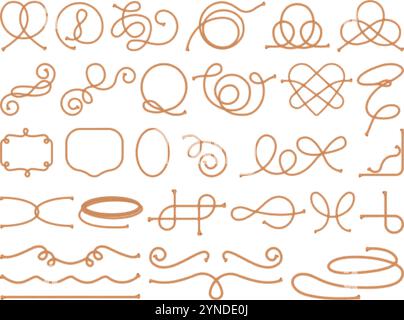 Zeichentrick-Seilknoten. Schnur geflochtene Schnur Stücke Elemente, Loop Lasso Gewinde Kabel Kabel Kabel nautische Knoten Knoten Knoten Bändchen Schlinge verdrehte Form Marine Schiff, Set Swanky Vektor Illustration Original Artwork Stock Vektor